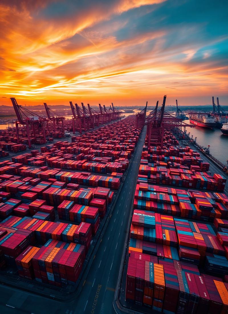 Container port at sunset